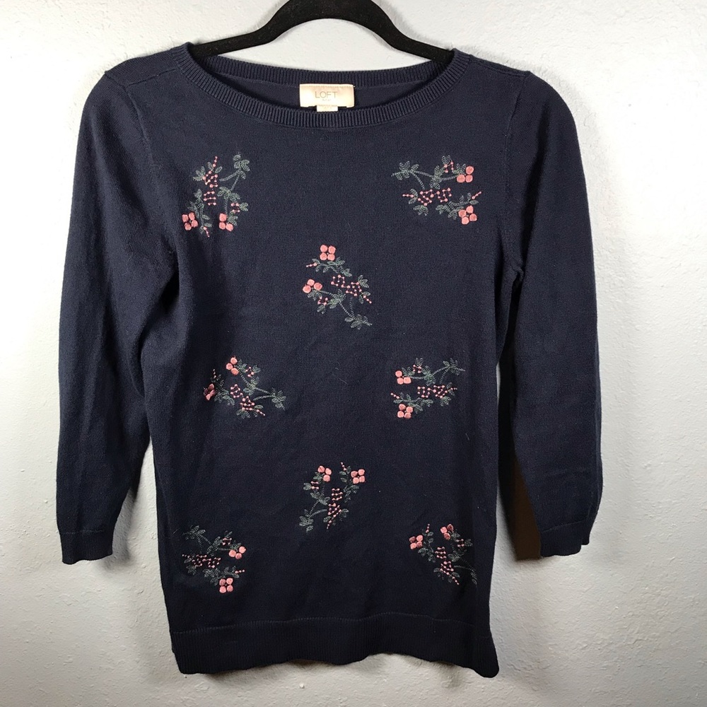 Loft navy sweater with floral embroidery size‎ XS